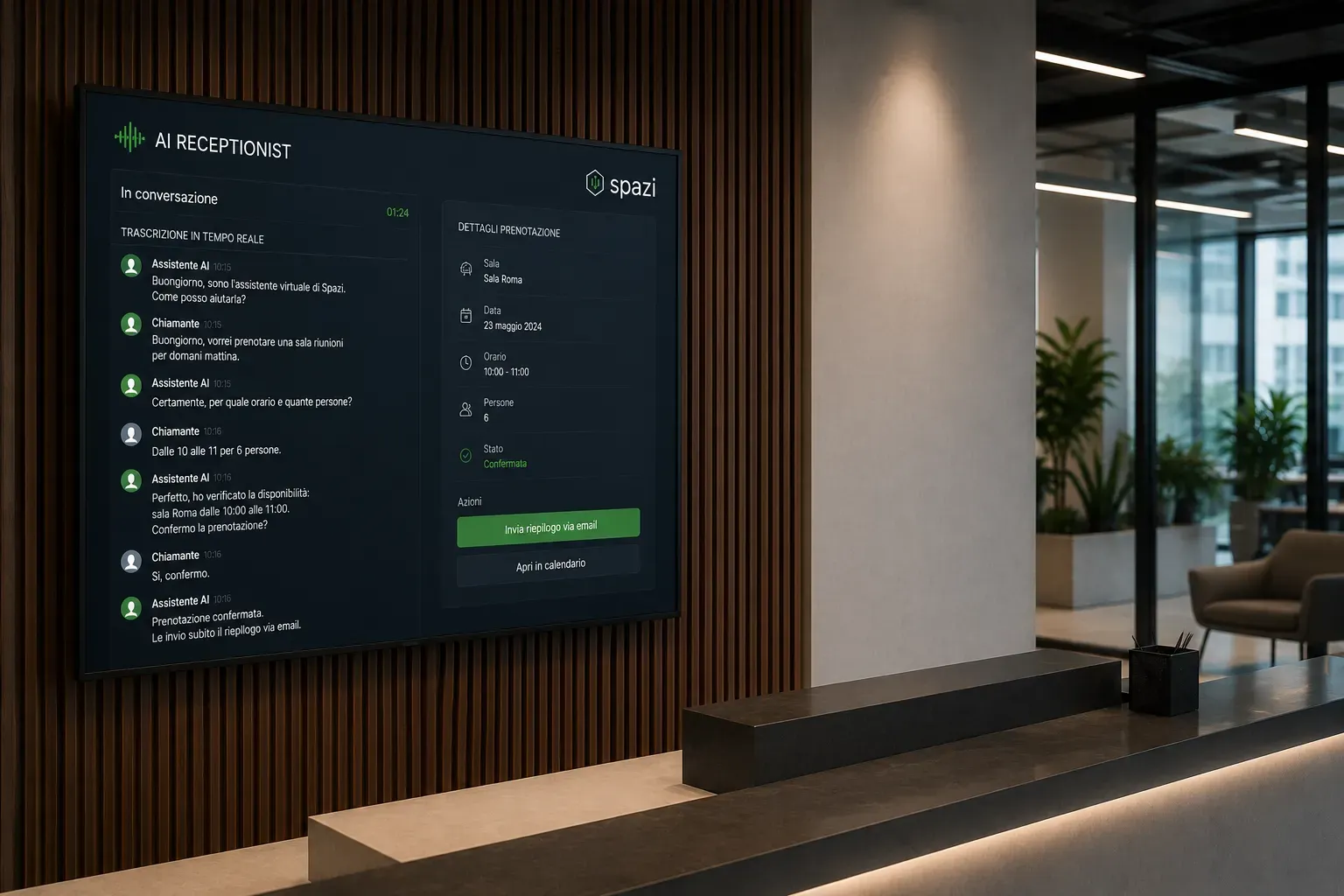 Schermo in reception con la trascrizione in tempo reale di una chiamata gestita dall'AI Receptionist e i dettagli della prenotazione confermata