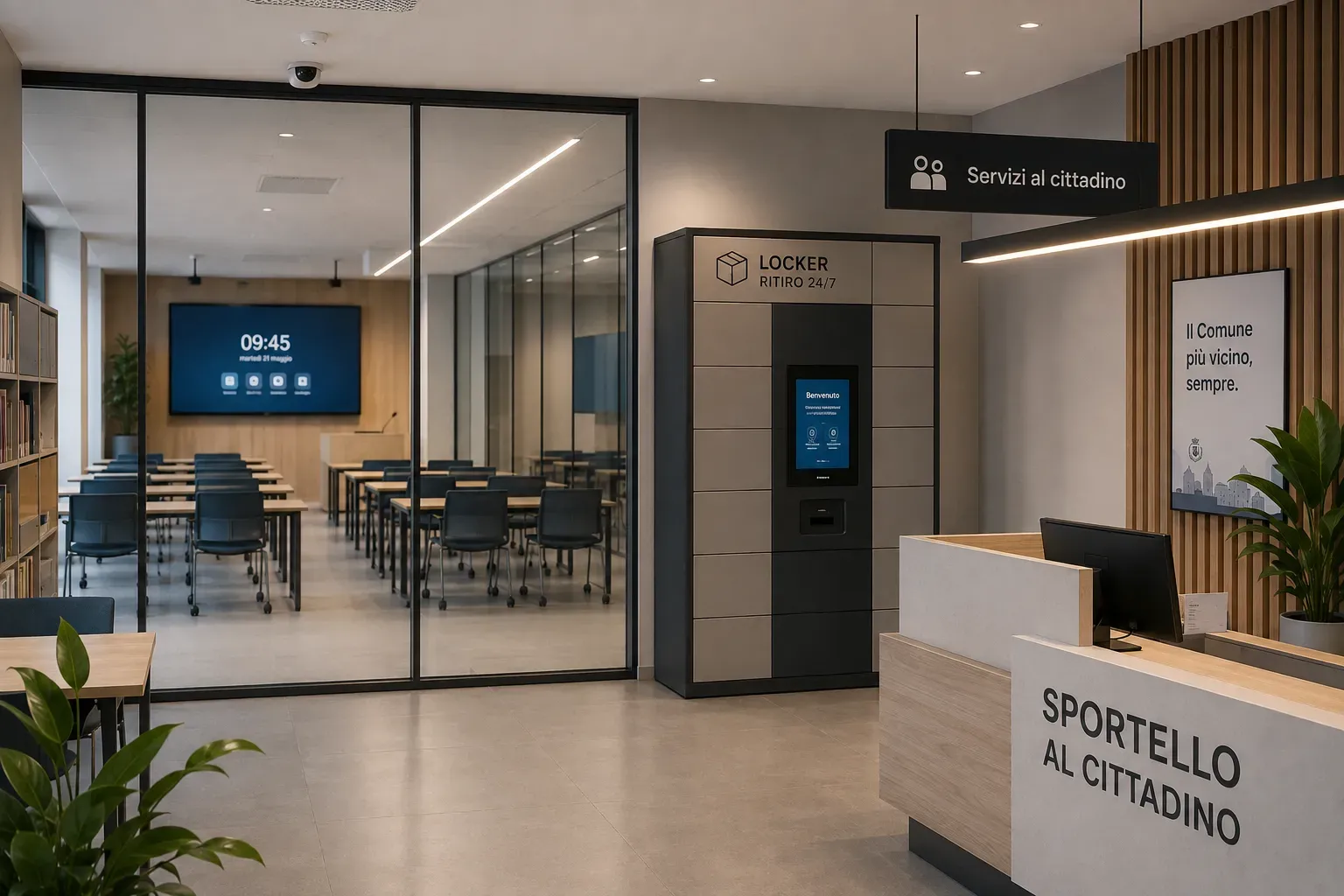 Aula digitalizzata, locker per il ritiro 24/7 e sportello servizi al cittadino in un ufficio pubblico