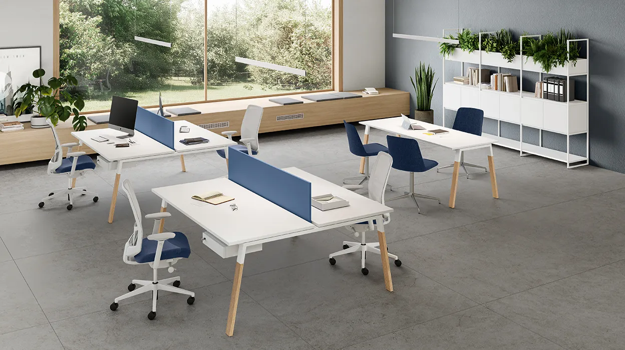 Bench operativo per quattro postazioni con divisori blu