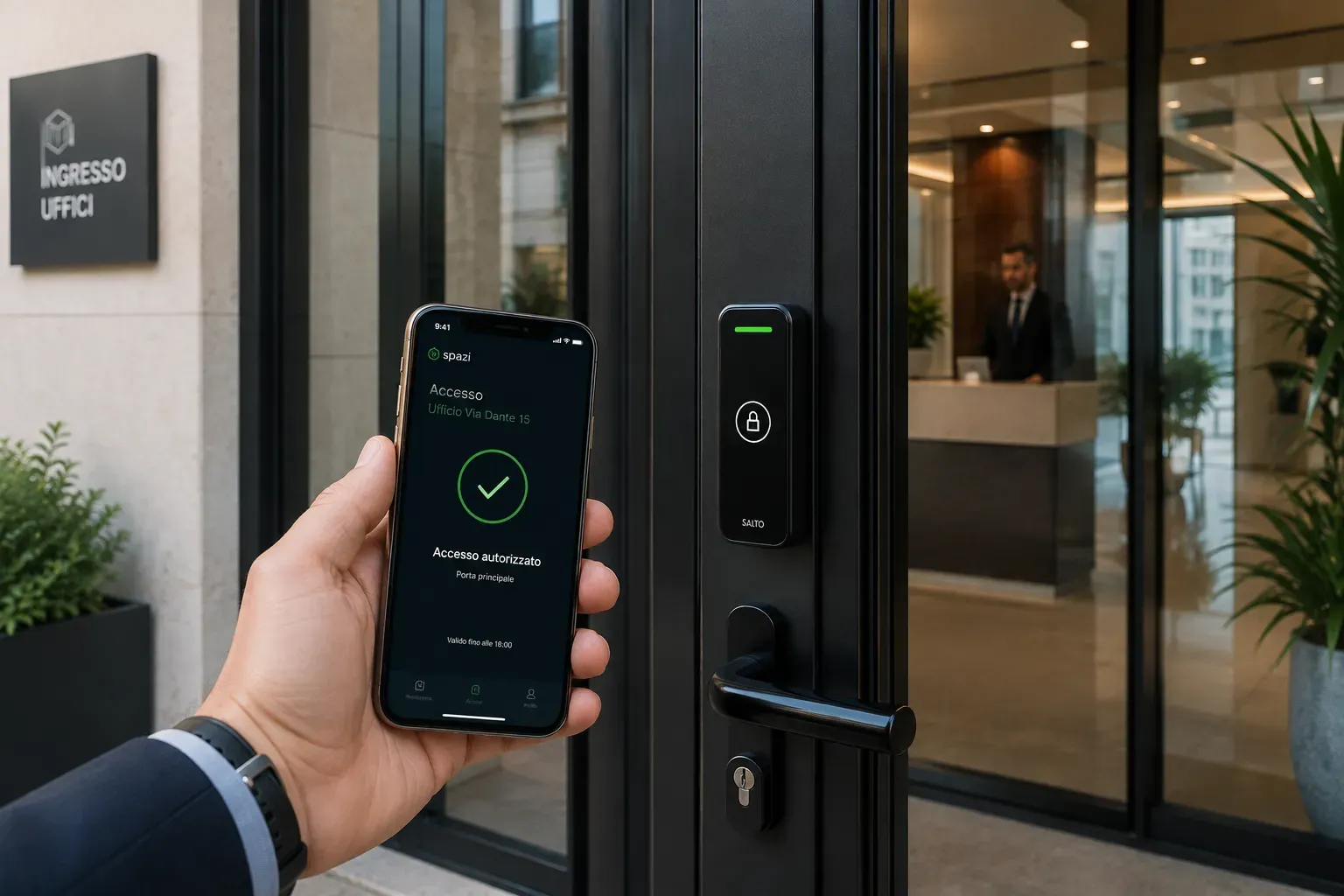Persona che mostra l'accesso autorizzato dall'app sullo smartphone davanti alla porta con lettore smart di un ufficio