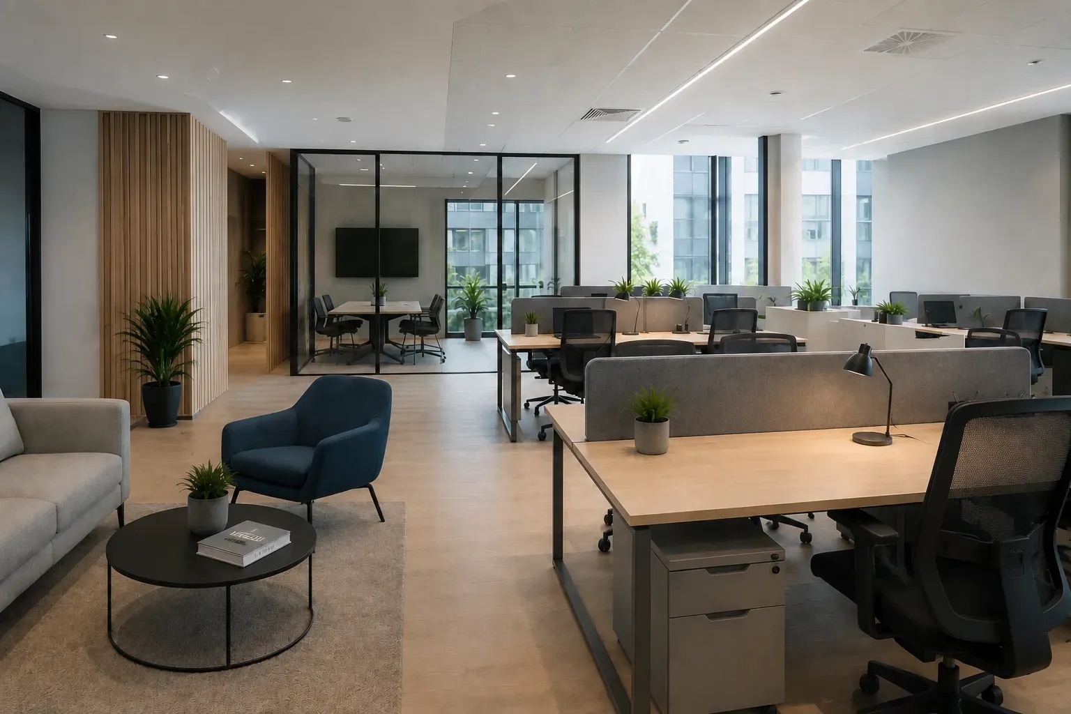 Ufficio open space arredato a noleggio operativo, con postazioni, sala riunioni e area lounge