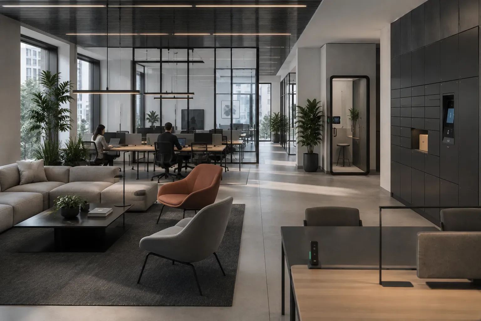 Open space con area lounge, postazioni di lavoro e parete di smart locker