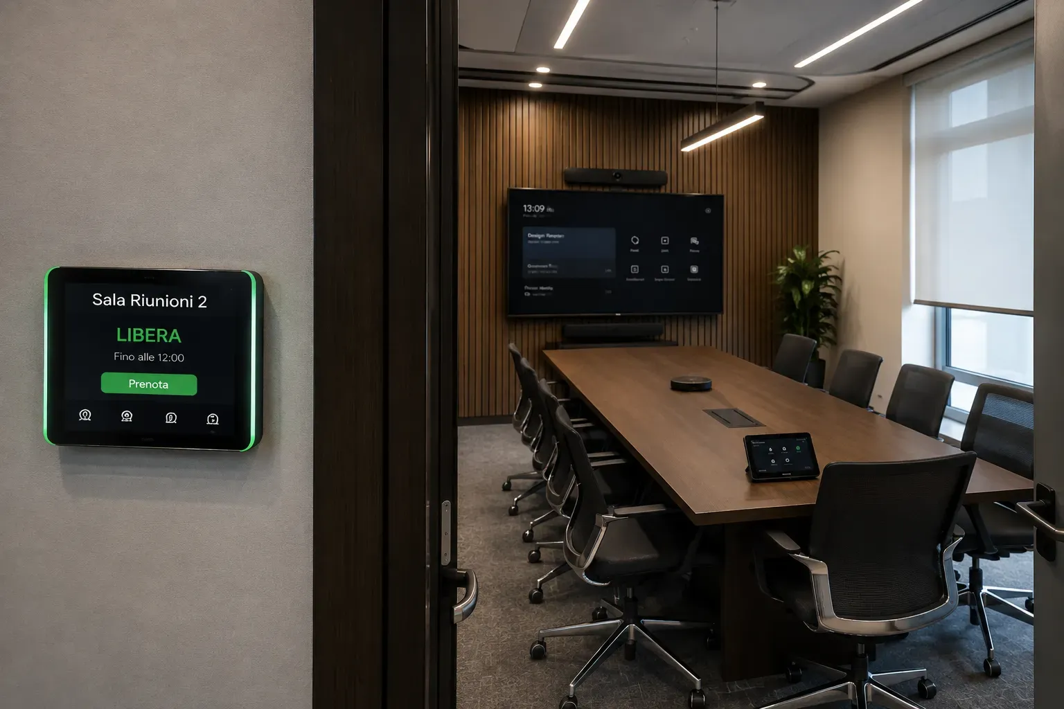 Pannello di prenotazione a bordo porta con stato "Libera" e sala riunioni con videoconferenza professionale sullo sfondo