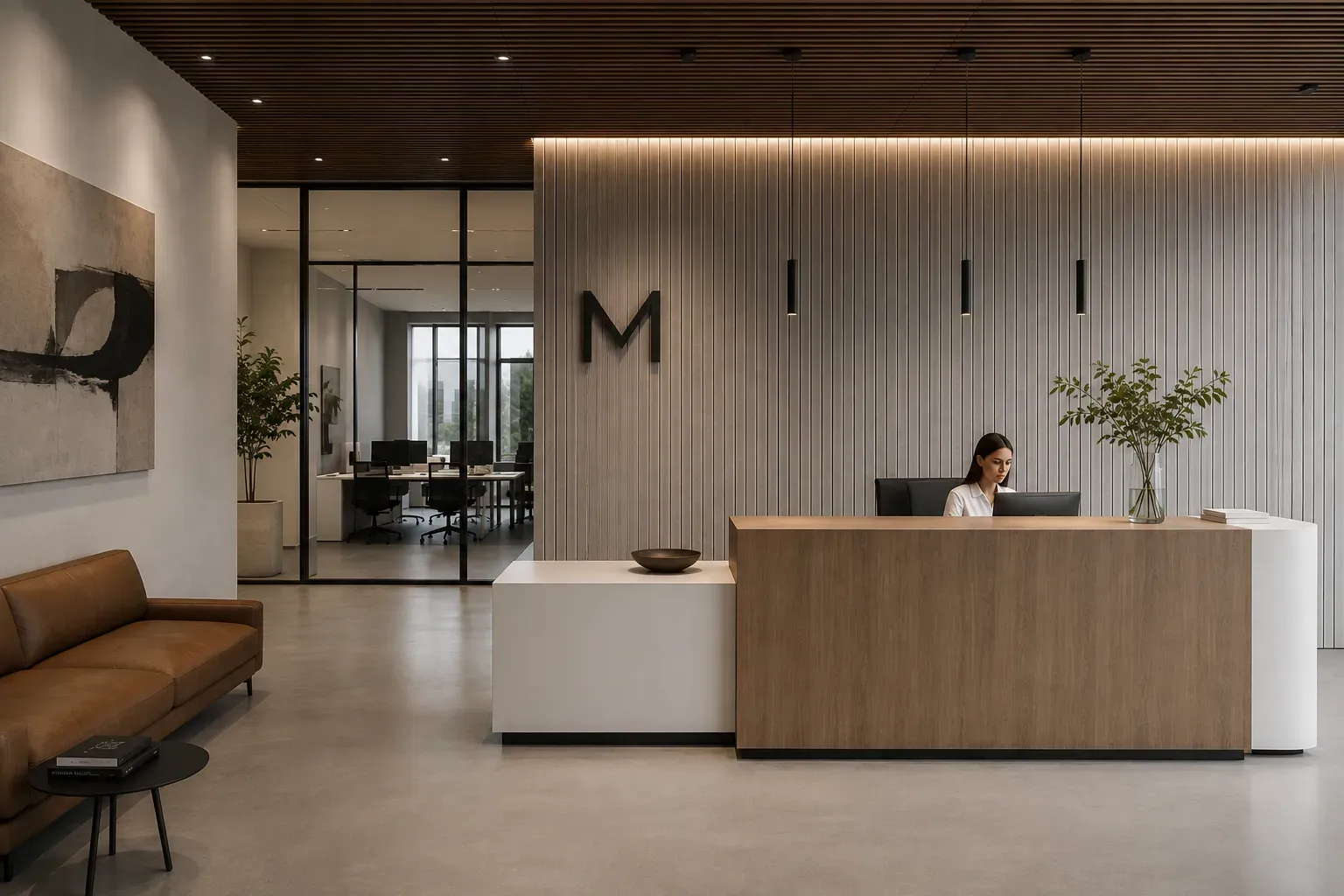 Bancone reception in legno con logo a parete e area d'attesa in pelle cognac