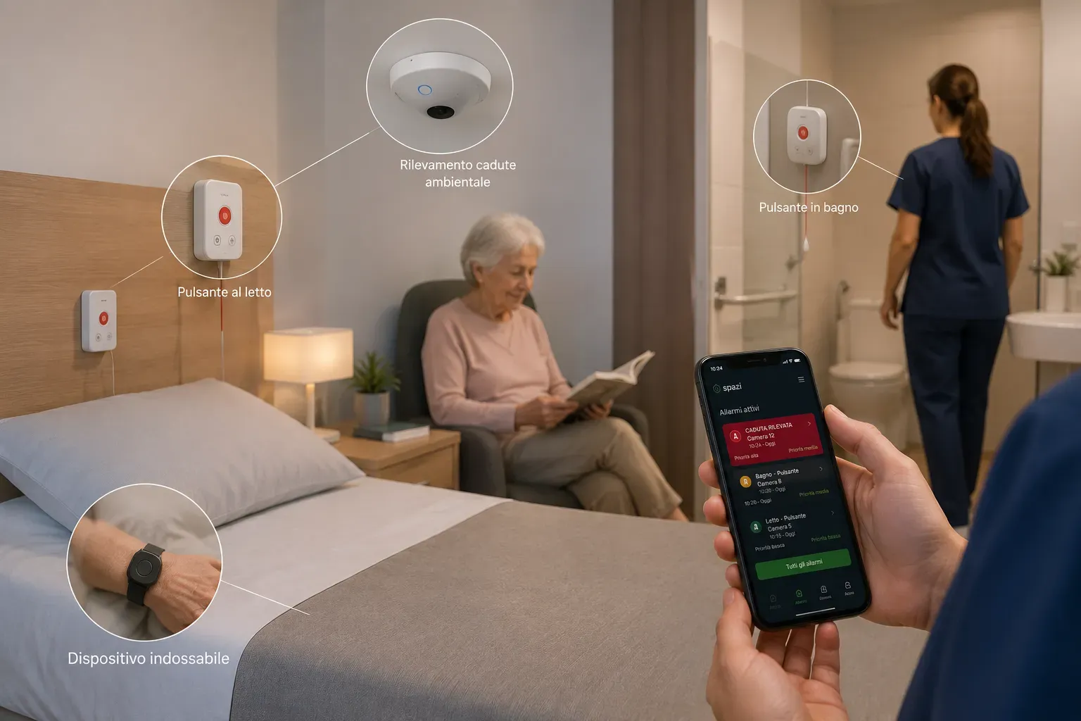Camera RSA con pulsante al letto, pulsante in bagno, sensore di rilevamento cadute ambientale, dispositivo indossabile e app con gli allarmi attivi sullo smartphone dell'operatore