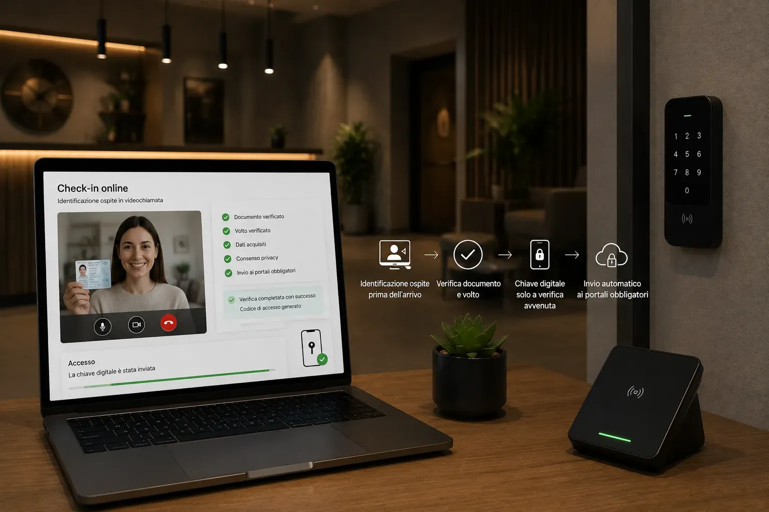 Check-in online con identificazione ospite in videochiamata e invio della chiave digitale, con lettore smart della porta in hotel