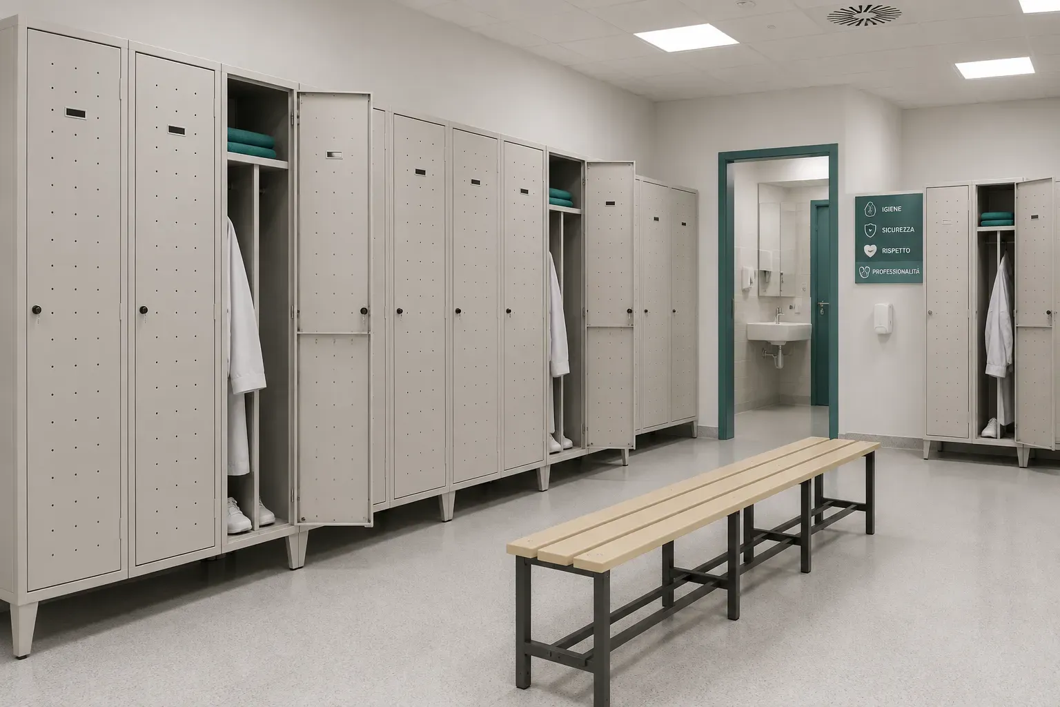 Spogliatoio in struttura sanitaria con armadi beige e camici