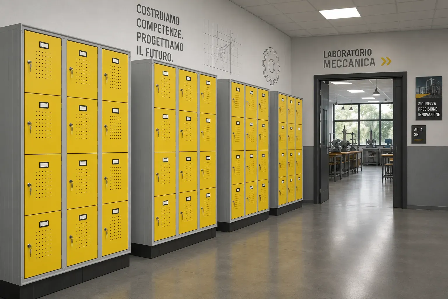 Casellari scolastici gialli in un corridoio con laboratorio di meccanica