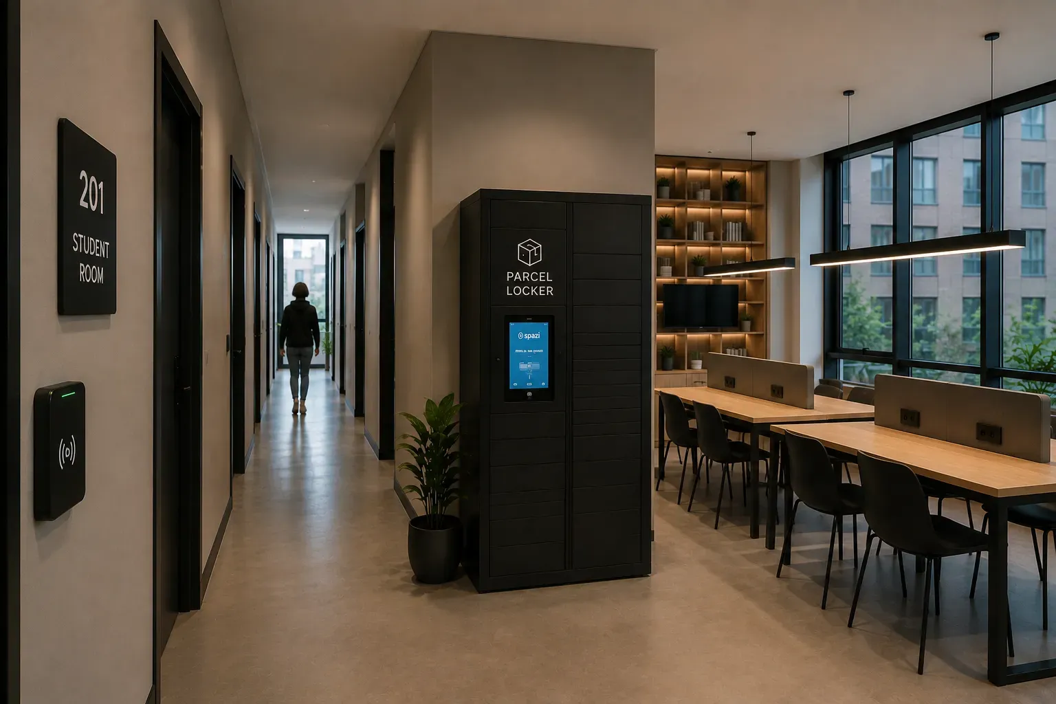 Corridoio di uno studentato con accesso smart alla camera e parcel locker, sala studio condivisa sullo sfondo
