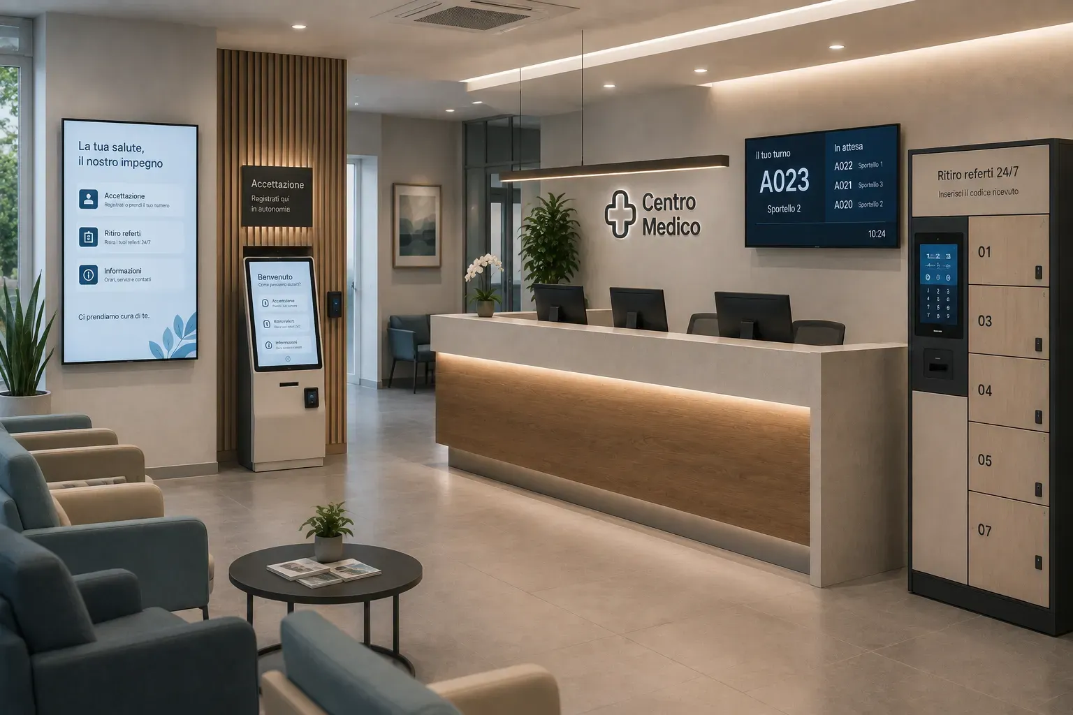 Reception di un centro medico con totem di check-in, display gestione code e locker per il ritiro referti 24/7